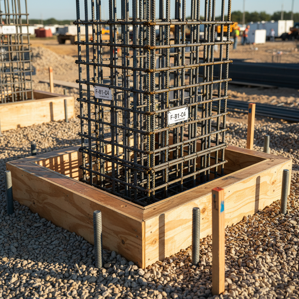 A precise, photographic realism close-up of a reinforced concrete bridge foundation being prepared on a major infrastructure project. Dense steel rebar cages rise vertically from a perfectly aligned formwork base, each bar neatly tied with visible wire connections, spacers, and labeled tags. The clean, oiled plywood formwork panels create sharp, geometric edges around the foundation footprint. Surrounding the foundation, well-compacted gravel, embedded anchor bolts, and survey reference stakes underline engineering accuracy. Late afternoon sunlight creates dramatic side lighting, producing crisp shadows between the rebar and subtle highlights on steel surfaces. Shot from a slightly low angle with medium depth of field, the composition focuses attention on structural integrity and craftsmanship, symbolizing the company’s professionalism in heavy civil and structural construction commitments for public clients.