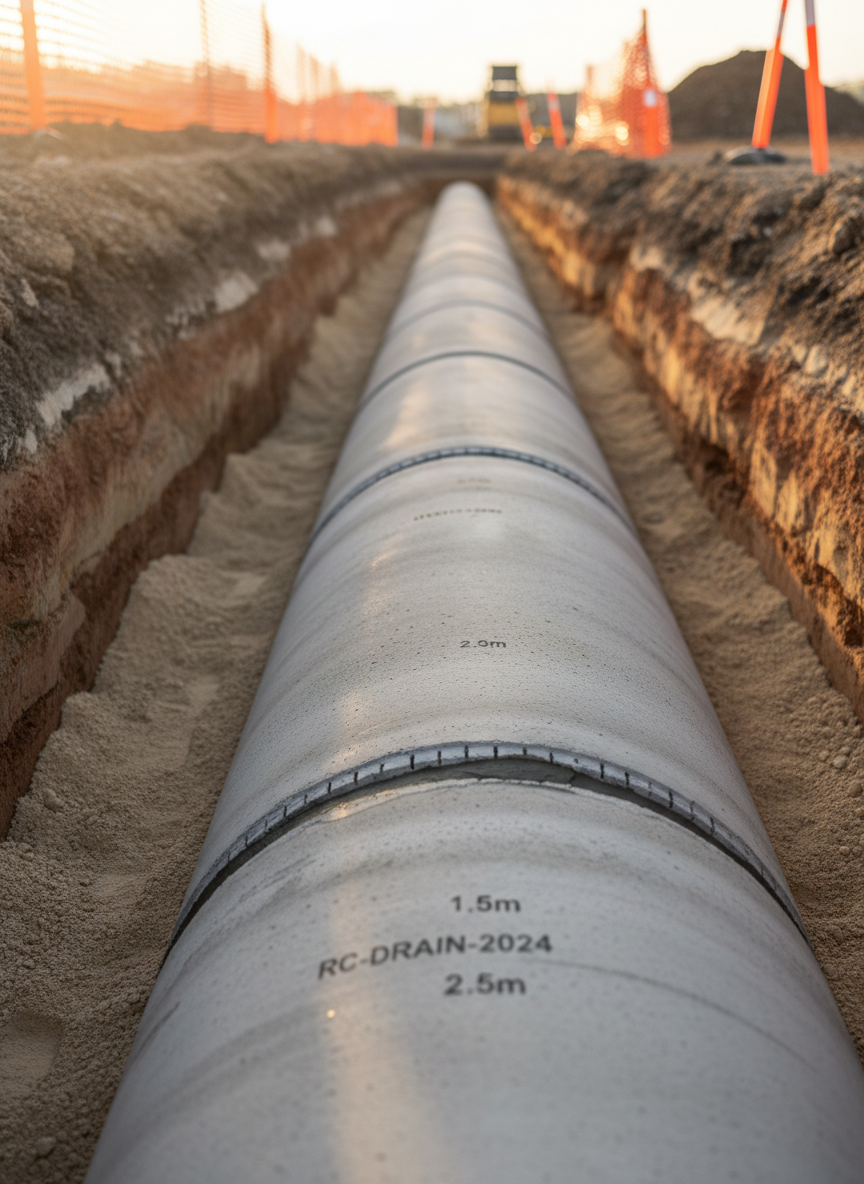 A close-up, photographic realism shot of newly installed underground infrastructure: large-diameter reinforced concrete drainage pipes perfectly aligned in a meticulously excavated trench, set on a smooth bed of compacted sand. The pipe joints are sealed with fresh mortar, and precise measurement markings are visible on the concrete surface. Alongside the trench, bright orange safety barriers and reflective construction markers line the edge, with layers of soil clearly stratified in the trench walls. Golden hour sunlight grazes the scene from the side, casting soft, elongated shadows that highlight texture in the concrete, sand, and earth. Captured from a low, slightly diagonal angle with shallow depth of field, the closest pipe edges are in razor-sharp focus while the background gently blurs, conveying technical quality, durability, and attention to detail in civil infrastructure works.